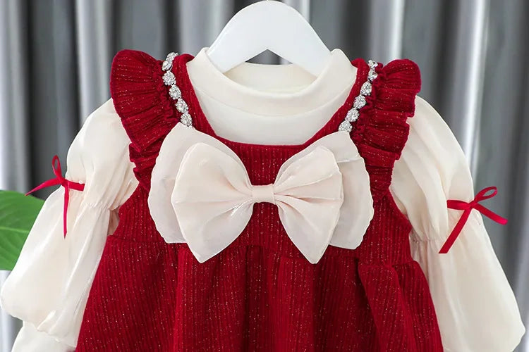 Toddler Baby Girls Dress Autumn  Winter Kids Red Christmas New Year Plush Warm Dress Infant Clothing Set Top+ skirt For 1-4 Years