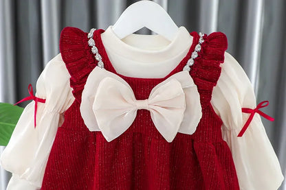 Toddler Baby Girls Dress Autumn  Winter Kids Red Christmas New Year Plush Warm Dress Infant Clothing Set Top+ skirt For 1-4 Years