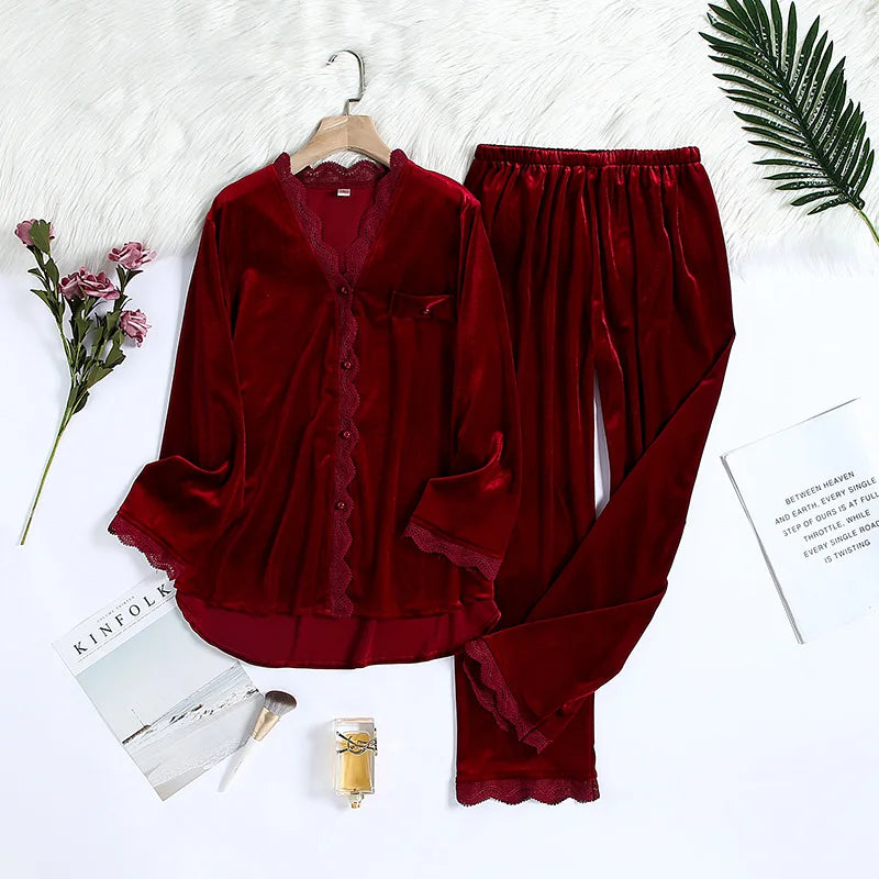 2PCS Velvet Pajamas Set For Women Winter Warm Pajama Sexy Female Valor V-neck Lace Home wear Autumn New Long Pant Pijamas Suit