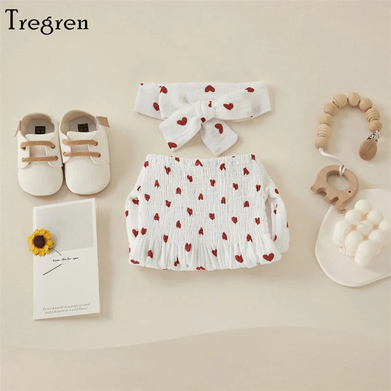 Tregren Infant Baby Girls Valentine's Day Romper Heart Print Long Sleeve Boat Neck Jumpsuits Spring Fall Bodysuits with Headband