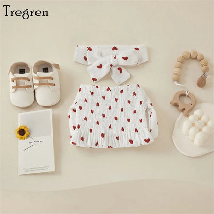Tregren Infant Baby Girls Valentine's Day Romper Heart Print Long Sleeve Boat Neck Jumpsuits Spring Fall Bodysuits with Headband