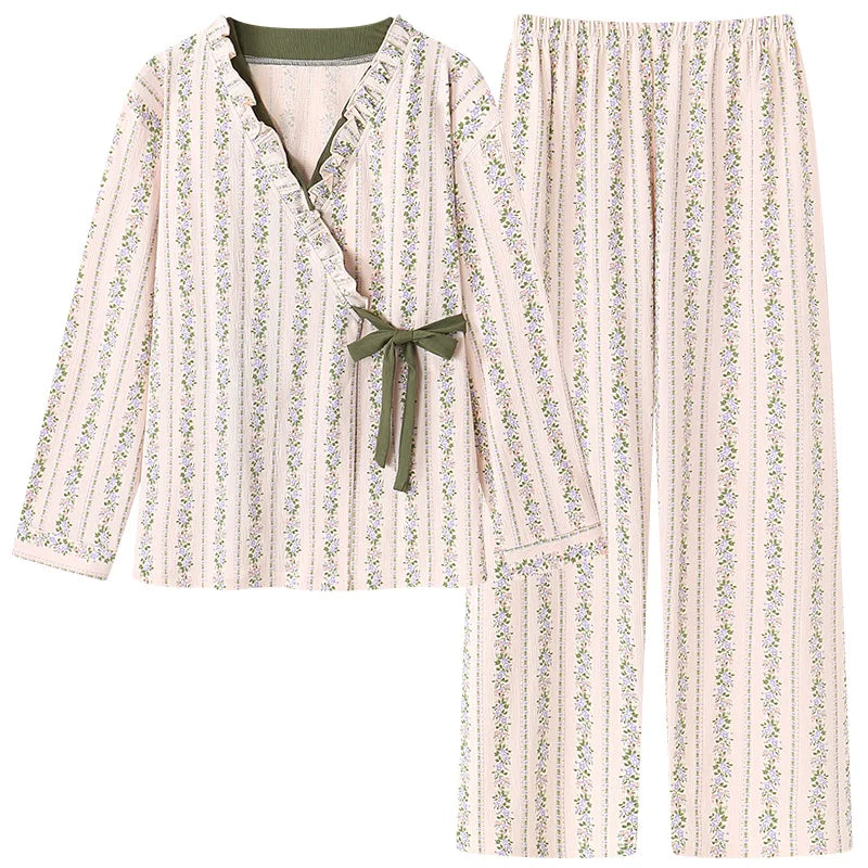 Spring Autumn V-Neck Pajamas Female Pajamas Sets Elegant Floral Japanese Kimonos For Women Big Yards M-4XL Cotton