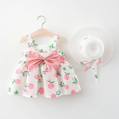 2Piece Sets Summer Toddler Girl Clothes Korean Fashion Flowers Cute Bow Sleeveless Princess Baby Dresses+ Sunhat Kids Dress BC136