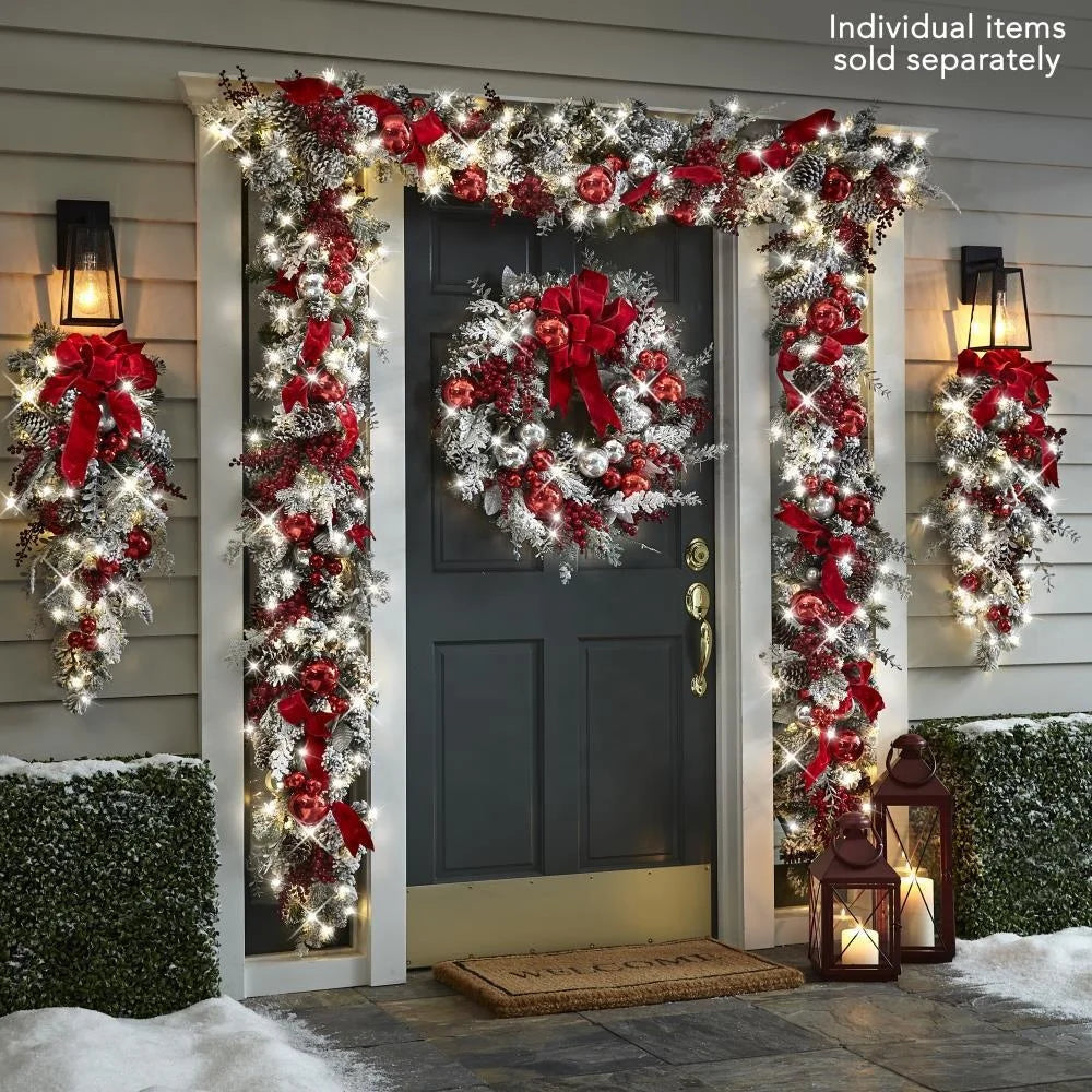 Holiday Wall Door Decoration Christmas Garland Wreath with Red Silver Christmas Ornament Balls