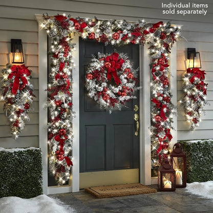 Holiday Wall Door Decoration Christmas Garland Wreath with Red Silver Christmas Ornament Balls