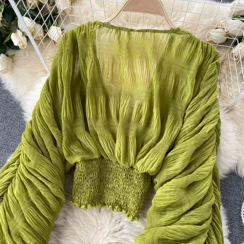 Women Sexy Chiffon Short Blouse Female See Through Super Long Sleeve Purple/Green/Black/White Folds Party Tops 2025 New