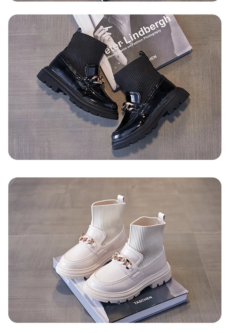Girls Leather Boots Metal Chains Flying Woven Stitching Princess Boots Kids Leather Soft Sole Boots Children Socks Boots Fashion
