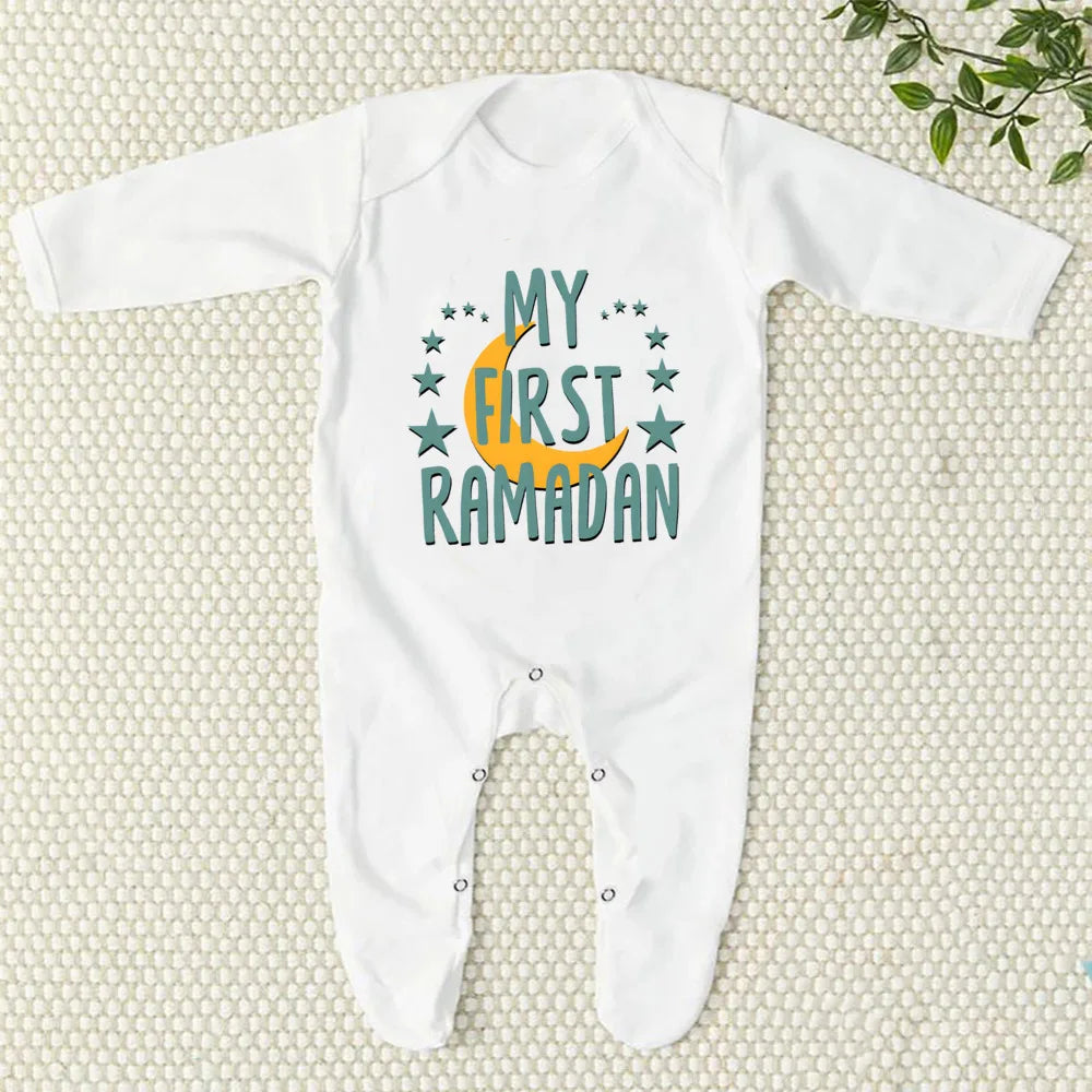 My First Eid/Ramadan Print Baby Sleepsuit Newborn Bodysuit Infant Long Sleeve Romper Ramadan Islamic Muslim Baby Keepsake Outfit