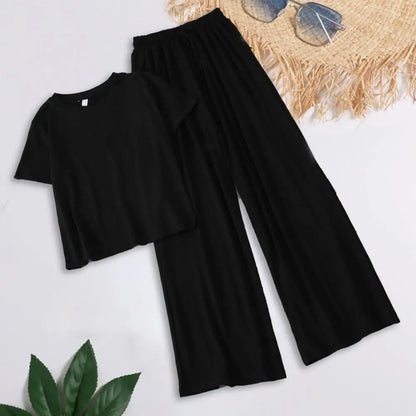 2 Pcs/Set Chic Two Pieces Set Women T-shirt Pants Set Elastic Waist Soft Women T-shirt Trousers Set Keep Cooling