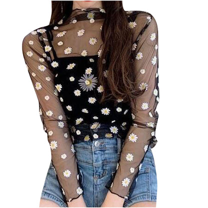 Women Daisy Print Lace Sheer Tops Sexy Tees Long Sleeve Thin Mesh Shirts Fashion Ladies Top 2025 Summer Sunscreen Blouse