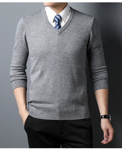 Men's Sweater Fashion Solid Color Warm Sweater Business Casual Heart Neckline Sweater Pullover Men
