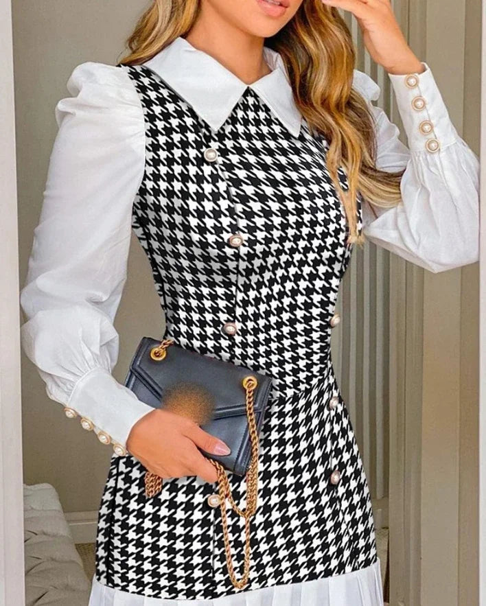 Women's Dresses 2025 Spring Fashion Houndstooth Button Decor Puff Sleeve Ruffle Hem Elegant Turn-Down Collar Daily A Line Dress