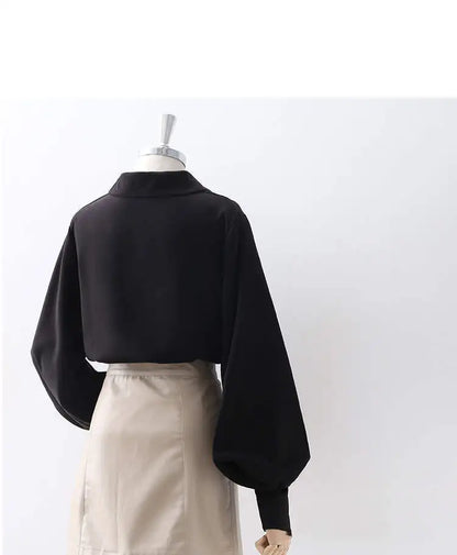 Lantern Sleeves Vintage Shirts Women Elegant White Women's Blouse with Lush Sleeves 2025 Fashion Button Up Shirt Black dropship