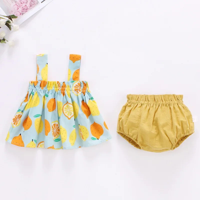 Baby Summer Dress Suit Baby Girl Clothes 0-2 Years Infant Toddler Cherry Sling Dress Bread Pants Two-piece Clothing Set