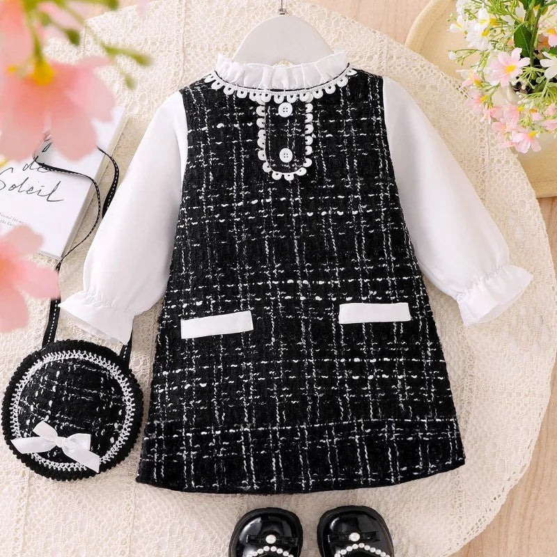 Dress for Kids 0-3 Years Old Plaid Fake Two Piece Long Sleeve Spring and Autumn Princess Dress OOTD for Newborn Baby Girl