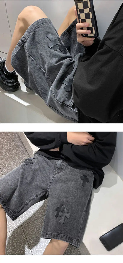 American cross-print denim shorts men's summer thin Hong Kong style loose trousers trendy brand retro casual mid-pants y2k tops