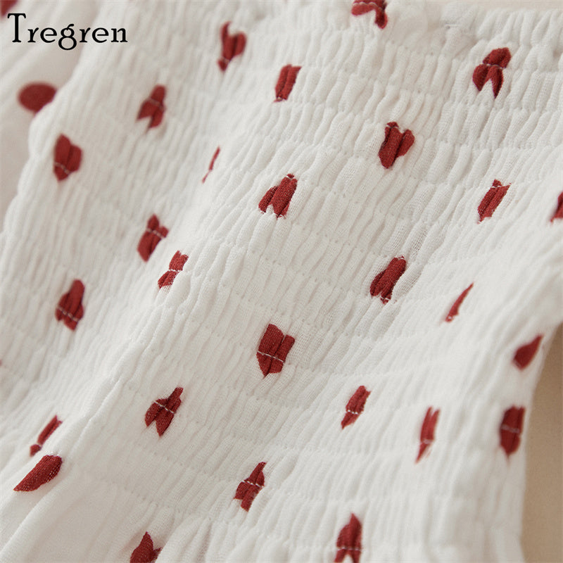 Tregren Infant Baby Girls Valentine's Day Romper Heart Print Long Sleeve Boat Neck Jumpsuits Spring Fall Bodysuits with Headband