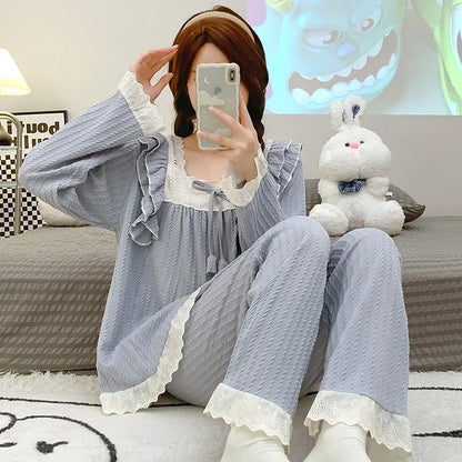 5XL Plus Size Spring Ladies Pajamas Set Princess Style Cotton Soft Sleepwear Square Neck Long-sleeve Trousers suit Household Wear