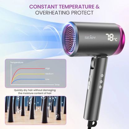 SEJOY Ionic Hair Dryers LED Display Anion Technology Portable Lightweight Blow Dryer Airflow Salon