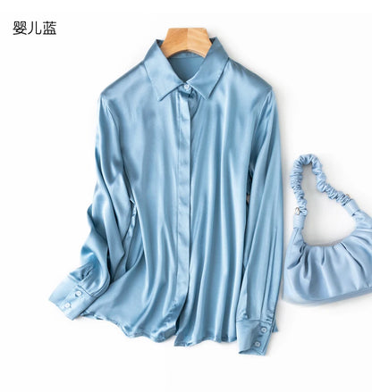 Tajiyane Women's 93% Mulberry Silk 7% Spandex 19 momme satin Silk Buttons long sleeve shirt Top Blouse office work chemise femme