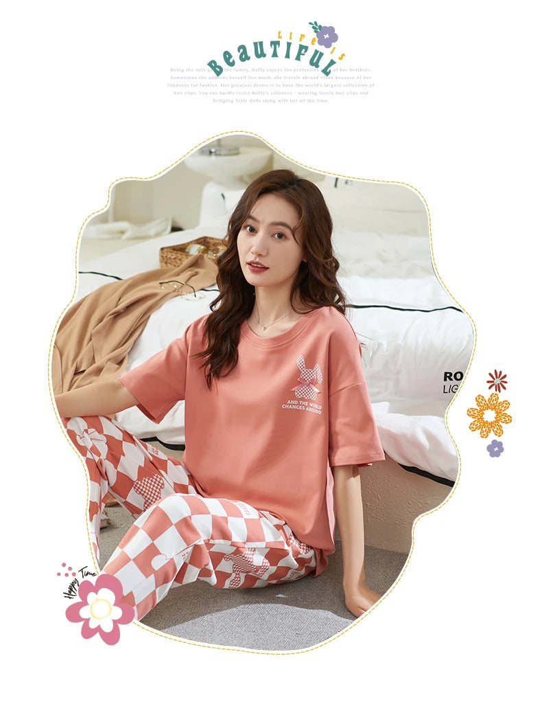 Cotton Womens Pajamas Sets Long Pants Leisure Woman's Sleepwear Ladies Elegant Lattice Printing Pajama Girls Homeware Suit