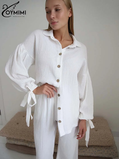 Oymimi Fashion Brown Print Two Piece Set For Women Elegant V-Neck Long Sleeve Lace-Up Shirts And Straight Full Length Pants Sets