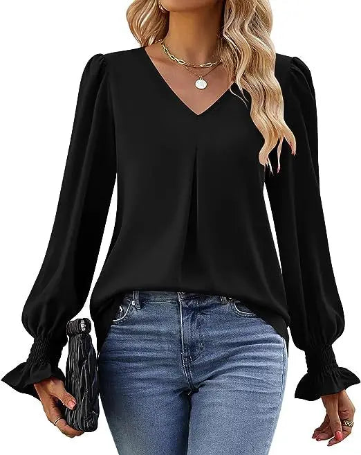 Women's New Solid Color Chiffon Shirt V-neck Pullover Flared Long Sleeved Top Shirt Office Lady Elegant Khaki Loose Blouse