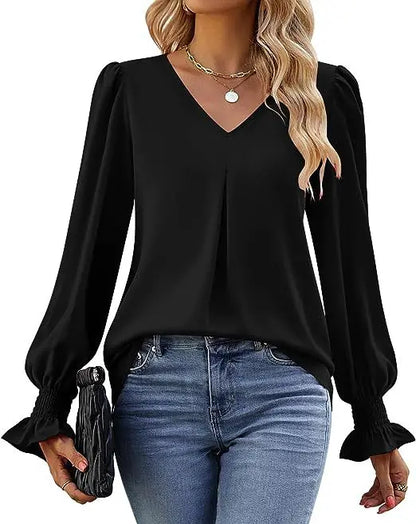 Women's New Solid Color Chiffon Shirt V-neck Pullover Flared Long Sleeved Top Shirt Office Lady Elegant Khaki Loose Blouse