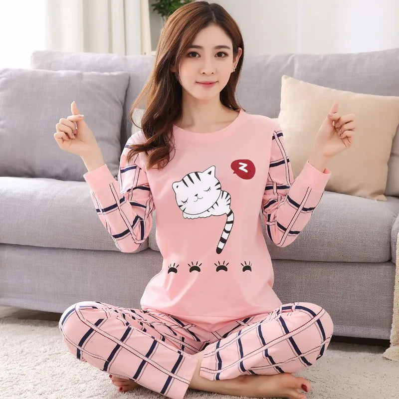 Spring Thin 2pieces Pajamas Set Women Tops 2025 Cotton Round Neck Girls Pajamas Sets Teacup Cat Sleepwear Clothes Pajamas