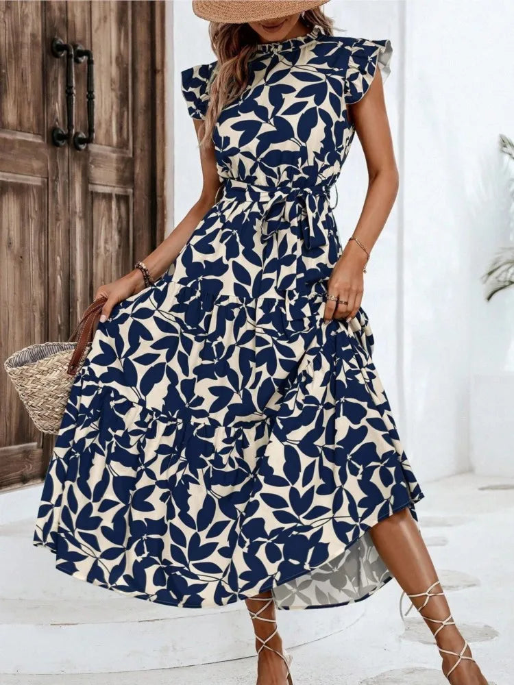 Elegant Women's Flower Midi Dress New Summer Fashion Stand Collar Flying Sleeve Lace Up Dress Casual Beach Holiday Dresses Robe