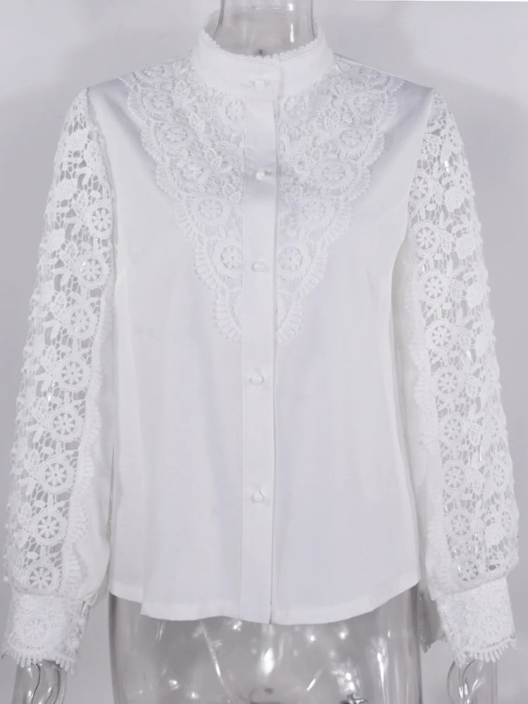 Shirts Elegant Office Ladies White Collared Lace Patchwork Hollow Out Button Up Women's Tops And Blouses 2025 Fashion New Blouse