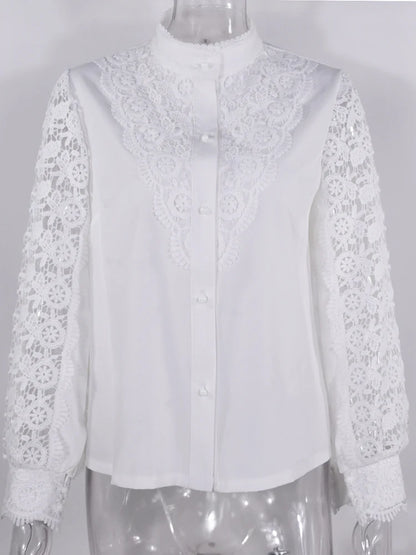 Shirts Elegant Office Ladies White Collared Lace Patchwork Hollow Out Button Up Women's Tops And Blouses 2025 Fashion New Blouse