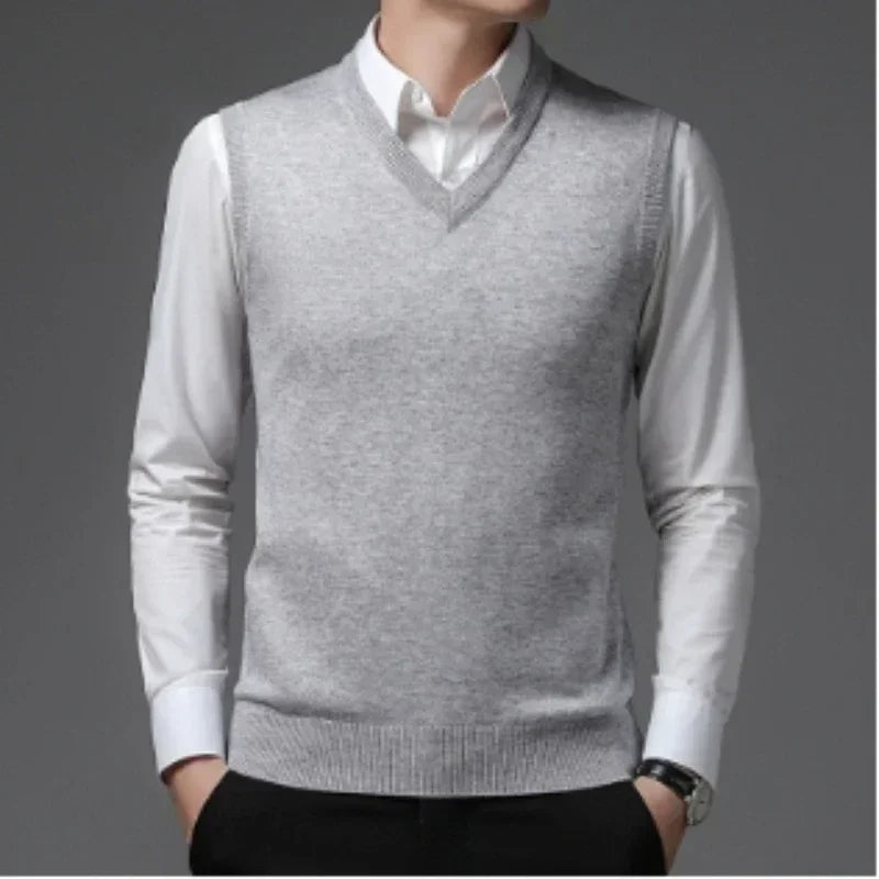 New Men's Autumn High-end Sweater Vest V-neck Warm Knit Sleeveless Men's Clothes Pullover Tops