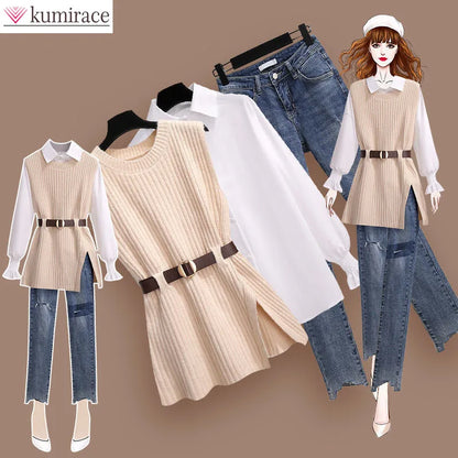 2025 Autumn Increased Size Korean Popular Chiffon Shirt Knitted Sweater Jeans Three Piece Elegant Women's Pants Set Tracksuit