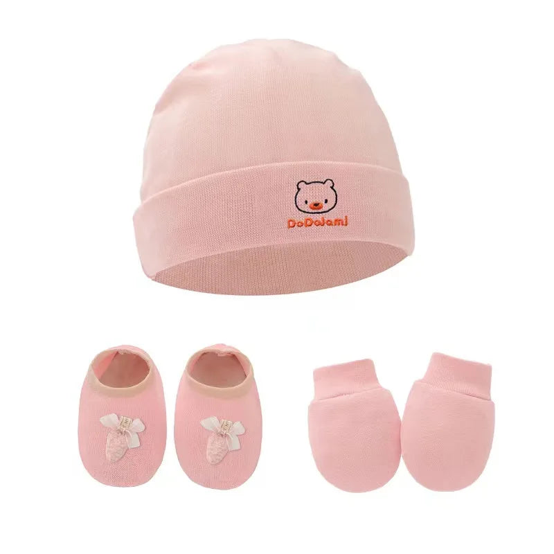 New Newborn Baby Cotton Beanies Hospital Hat Mittens Shoes Sets Solid Stretchy Infant Warm Cap Gloves 0-1 Years Old