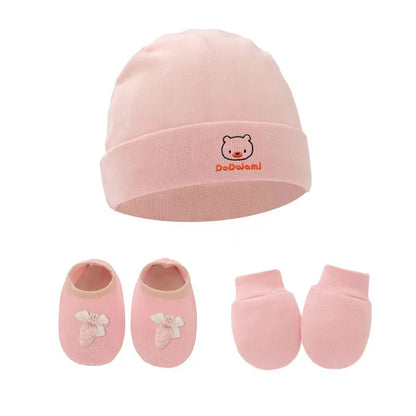 New Newborn Baby Cotton Beanies Hospital Hat Mittens Shoes Sets Solid Stretchy Infant Warm Cap Gloves 0-1 Years Old