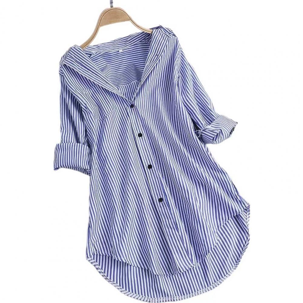M-4XL Women Tunic Shirt Striped Long-sleeves V Neck Mid Long Turn-down Collar Loose Fit Casual Summer Elegant Ladies Blouse Top