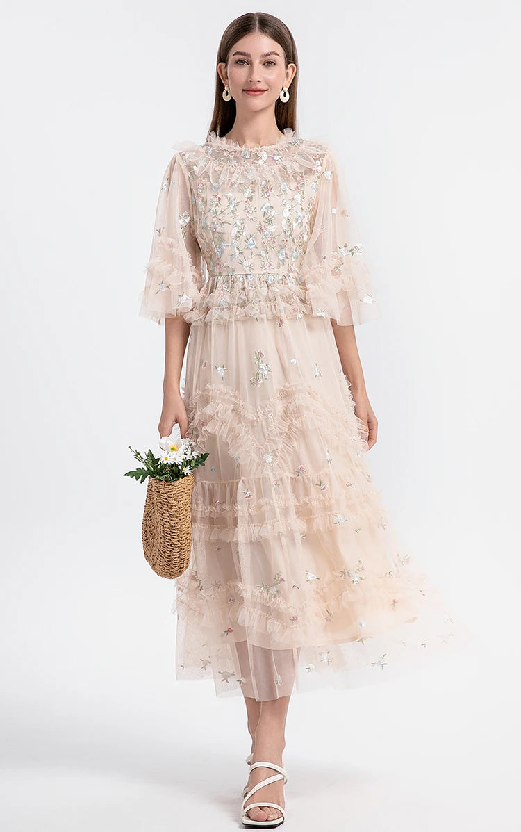 Runway Luxury Long Dresses Women 2025 Summer Holiday Embroidery Flower Ruffles Midi Party Evening Dress Lady Prom Vestidos