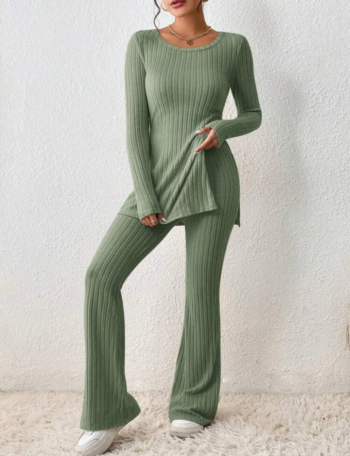 Autumn Winter Women's Clothing New Style Solid Color Sexy Casual Long Sleeved Round Neck Slit Fashion Temperament Two-piece Set