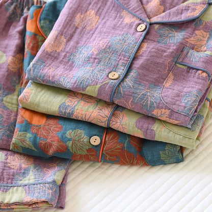 Japanese Spring and Autumn New Women's Pajama Set 100% Cotton Vintage Long Sleeved Pants Two Piece Set for Home Furnishings