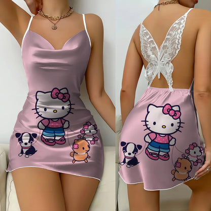 Mini Dress Pajama Skirt Hello Kitty Sexy Dresses Off Shoulder Bow Knot Satin Surface Women's Fashion Summer 2024 Short Party Lace