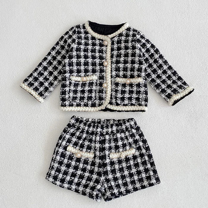Autumn Winter Korean Style Newborn Baby Girls Clothing Set Long Sleeved Plaid Cardigan Coat+ Shorts 0-3Yrs Children Clothes Suit
