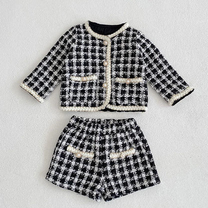 Autumn Winter Korean Style Newborn Baby Girls Clothing Set Long Sleeved Plaid Cardigan Coat+ Shorts 0-3Yrs Children Clothes Suit