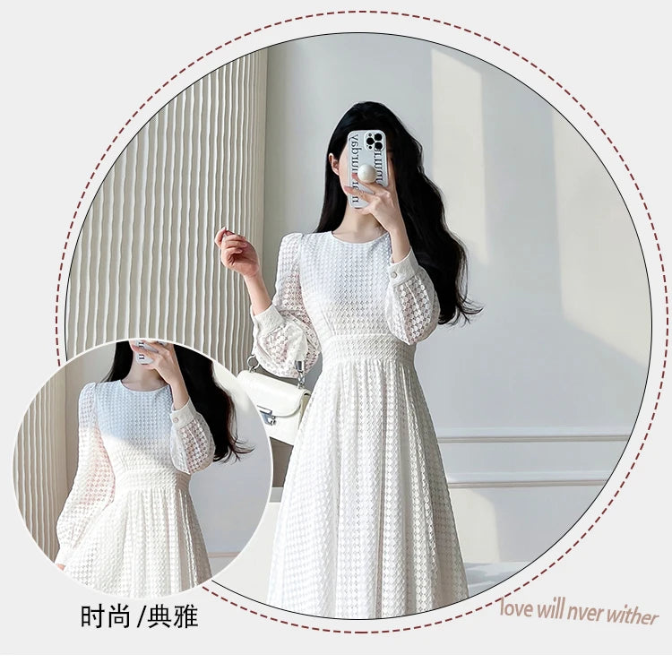 Lace Long Sleeves White Midi Dresses for Women 2025 New Autumn French Elegant Fashion Evening Wedding Party Robe Female Clothing