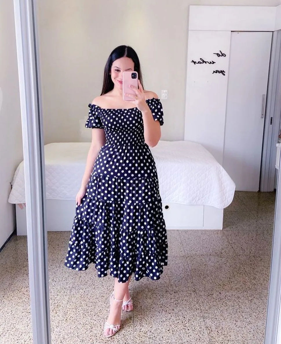 Elegant Women's Off Shoulder Midi Dress 2025 Summer Fashion dresses High Waist Flower Print Short  Sleeve Dress Robe Clothing