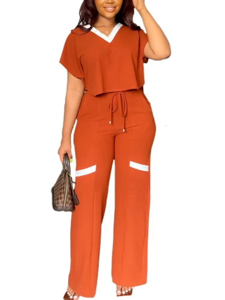 Elegant Women's Casual Short Sleeve T-shirt Sports Suit Summer Fashion Solid V Neck Short Top & Straight Pants Two Piece Sets