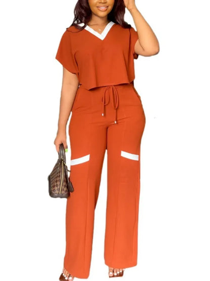 Elegant Women's Casual Short Sleeve T-shirt Sports Suit Summer Fashion Solid V Neck Short Top & Straight Pants Two Piece Sets