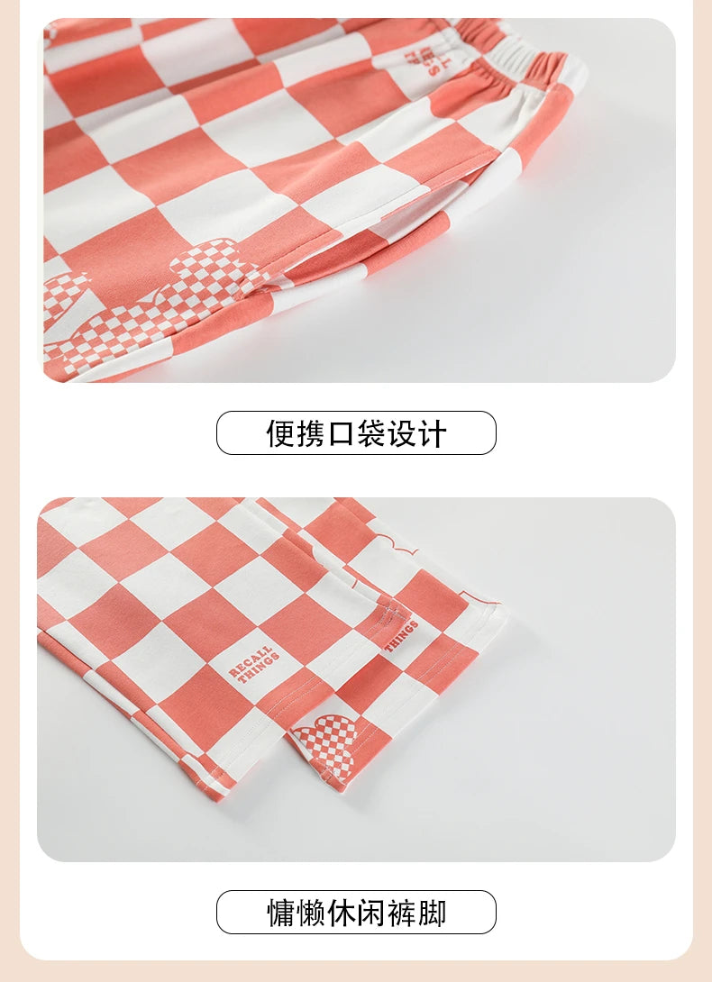 Cotton Womens Pajamas Sets Long Pants Leisure Woman's Sleepwear Ladies Elegant Lattice Printing Pajama Girls Homeware Suit