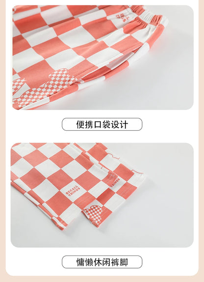 Cotton Womens Pajamas Sets Long Pants Leisure Woman's Sleepwear Ladies Elegant Lattice Printing Pajama Girls Homeware Suit