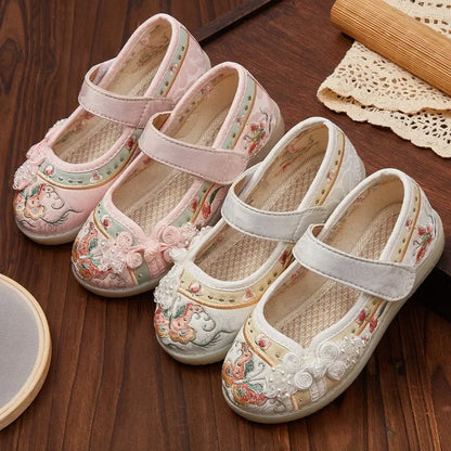 Kids Hanfu Shoes Sweet Embroidery Flower Girl Princess Shoes Fashion Chinese Ancient Style Children's Causal Flat Cloth Shoes